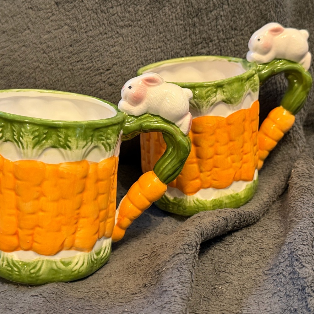 Carrot and Bunny Ceramic Mugs - Green and Orange - Picture 2 of 5